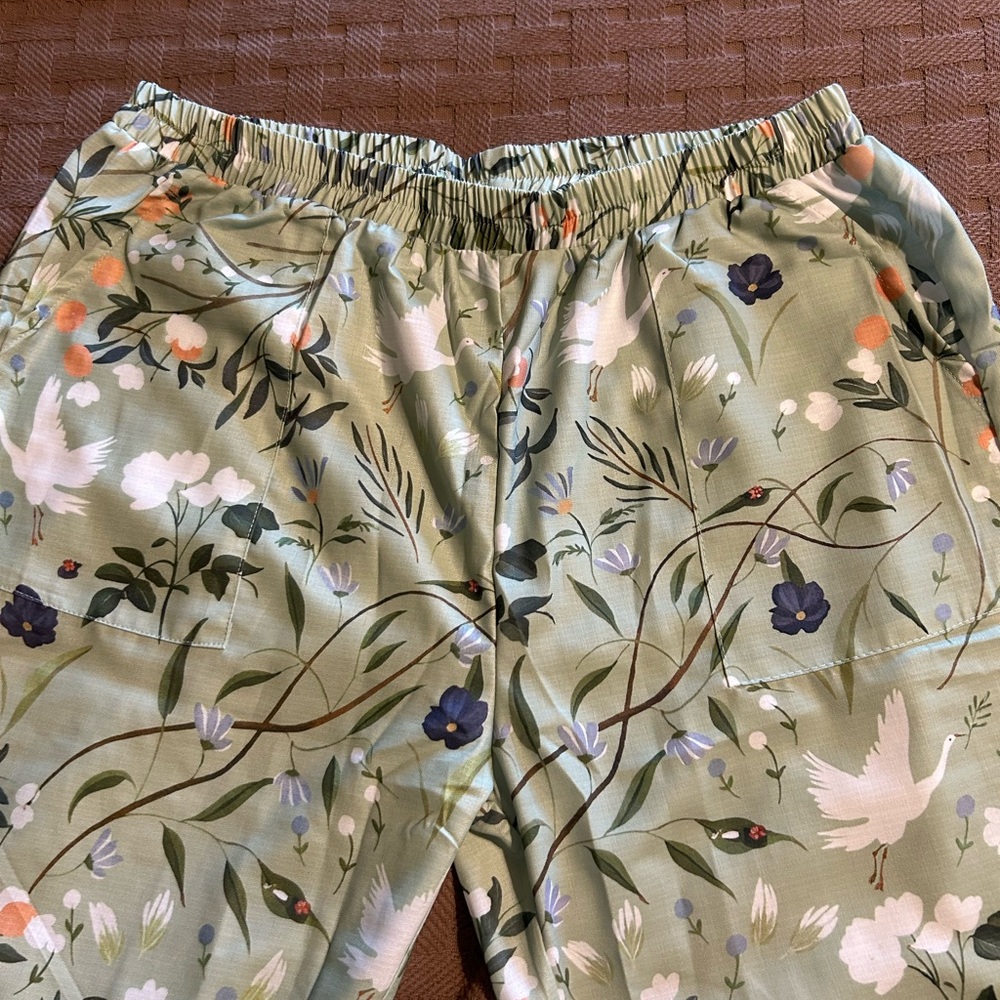 Green and White Floral Capris with Botanical Print green